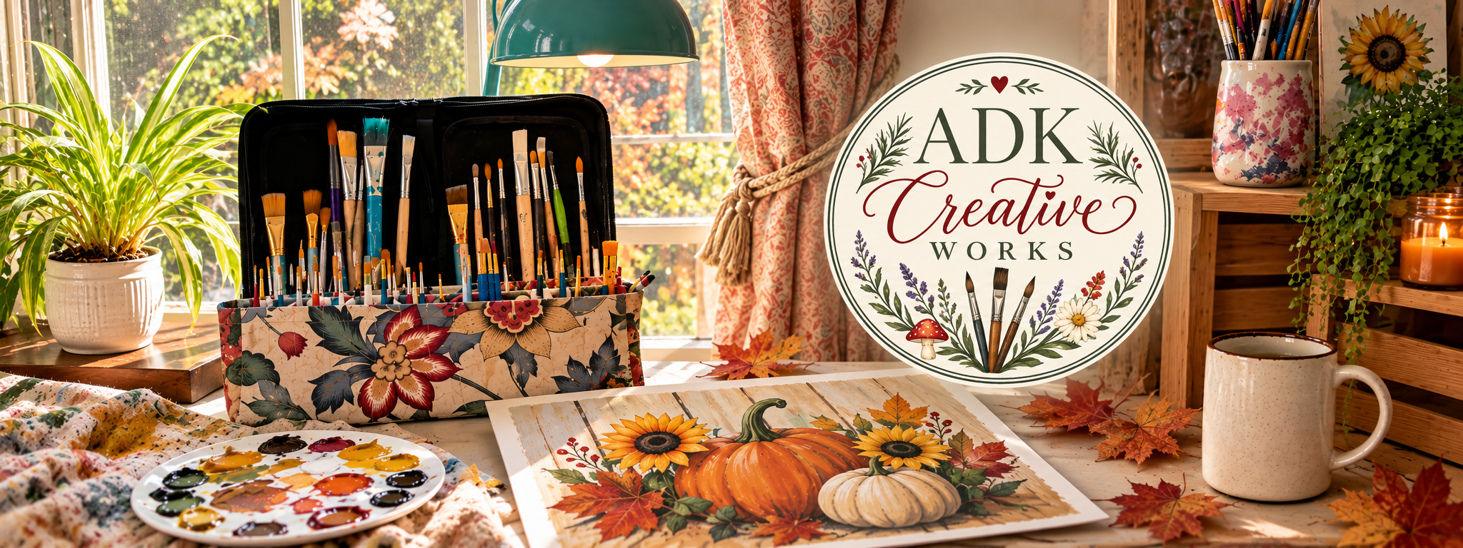 ADK Creative Works sign in a sunlit painting studio with brushes, autumn artwork, and a cup of coffee