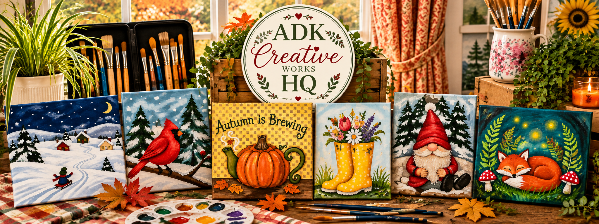 Original ADK Creative Works HQ artwork with brushes, autumn leaves, and paintings of a snowy village, cardinal, pumpkin teapot, flowers, gnome, and fox