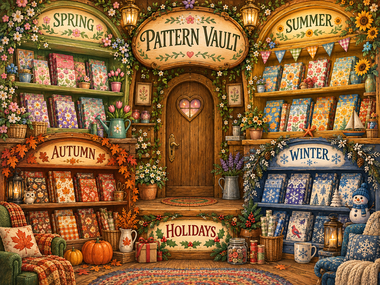 Illustrated Pattern Vault with Spring, Summer, Autumn, Winter, and Holidays shelves